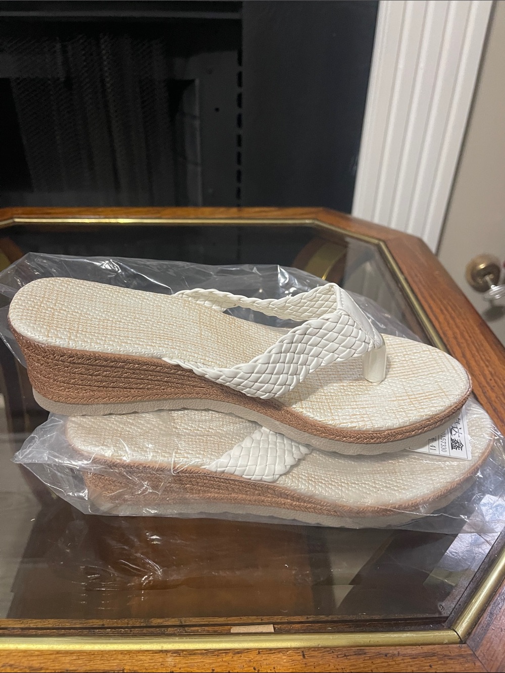 Woven Strap Wedge Flip Flops - Cream
